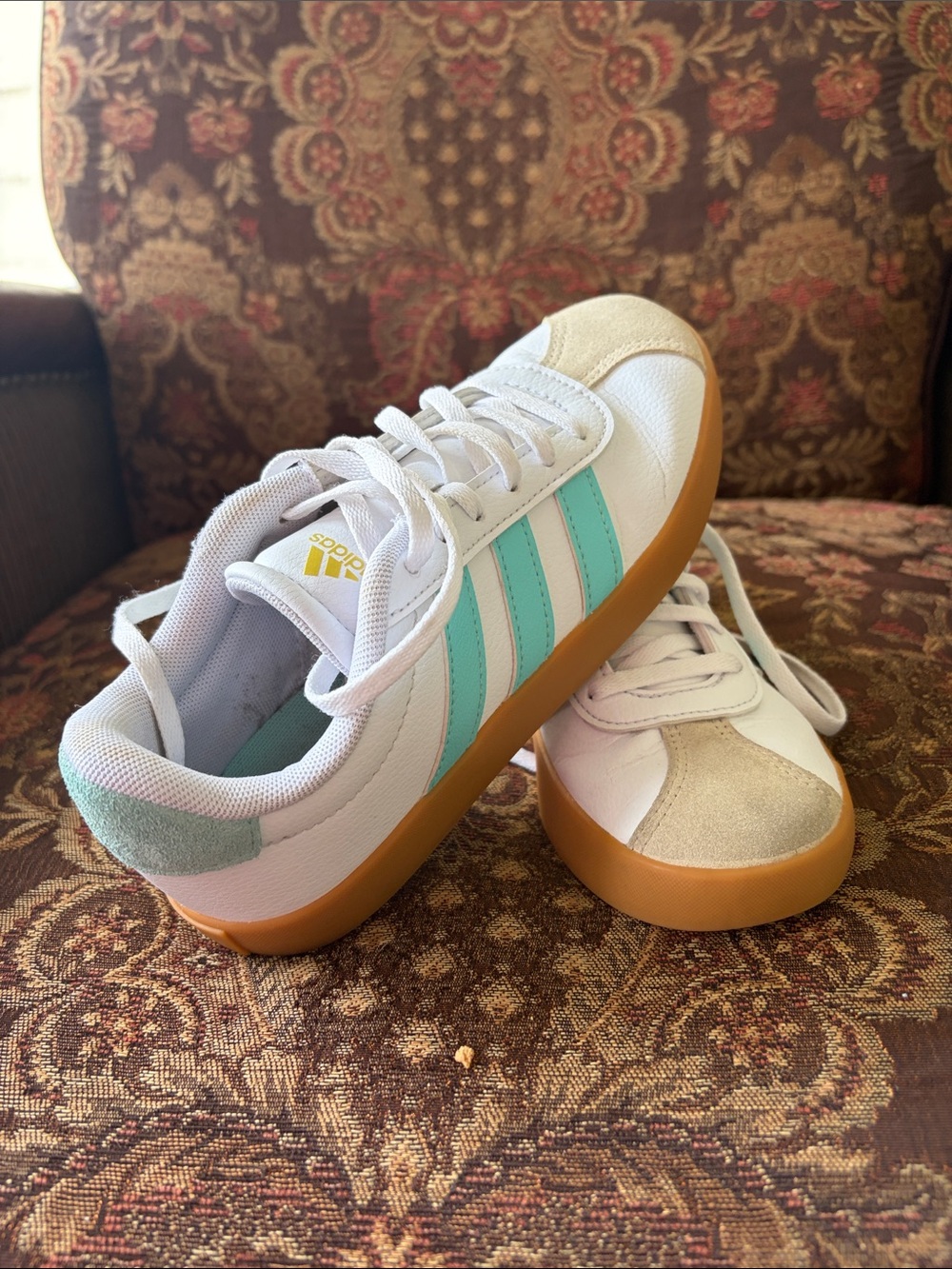 adidas White Sneakers with Mint Aqua Stripes and Gum Sole